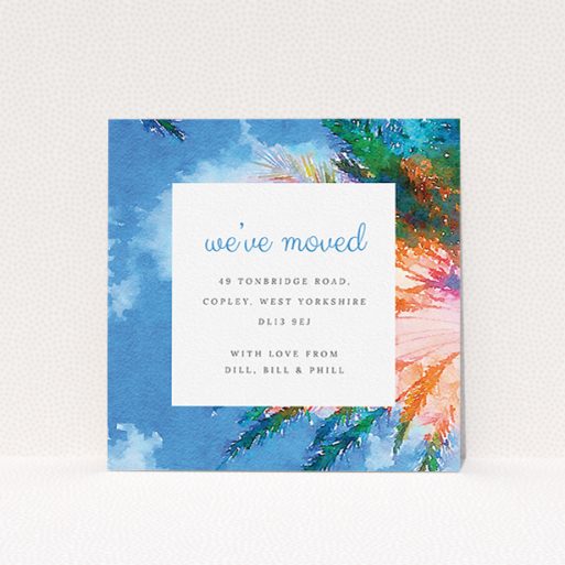 A change of address card called "View from the Sunbed". It is a square (148mm x 148mm) card in a square orientation. "View from the Sunbed" is available as a flat card, with tones of sky blue and green.