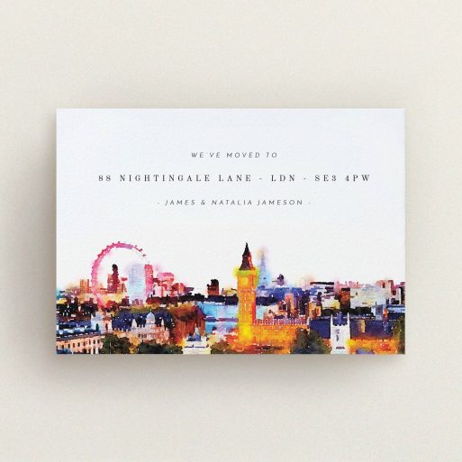 Change Of Address Card Design - "Westward London" A change of address card named "Westward London". It is an A6 card in a landscape orientation. "Westward London" is available as a flat card, with tones of faded light blue and orange.