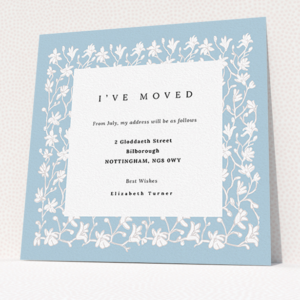 A change of address card template titled "Winter Garden Wall". It is a square (148mm x 148mm) card in a square orientation. "Winter Garden Wall" is available as a flat card, with tones of blue and white.