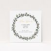 A change of address card template titled "Wreath Outline". It is a square (148mm x 148mm) card in a square orientation. "Wreath Outline" is available as a flat card, with tones of green, purple and blue.