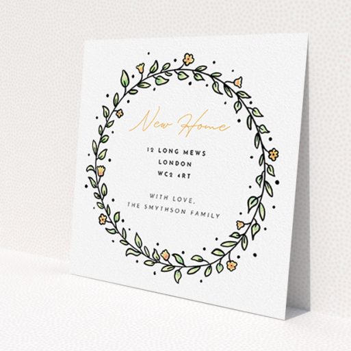 A change of address card template titled 'Wreath Outline'. It is a square (148mm x 148mm) card in a square orientation. 'Wreath Outline' is available as a flat card, with tones of green, purple and blue.