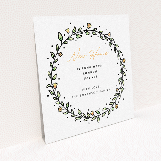 A change of address card template titled "Wreath Outline". It is a square (148mm x 148mm) card in a square orientation. "Wreath Outline" is available as a flat card, with tones of green, purple and blue.