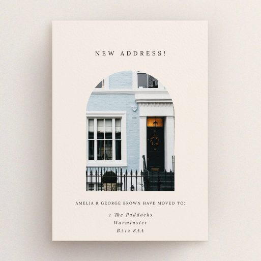 Elegant Address Change Change of address card design with arch-shaped photo of a house façade.
