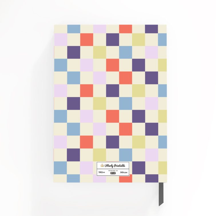 Colourful checkered design for personalised notebooks with one photo placeholder.