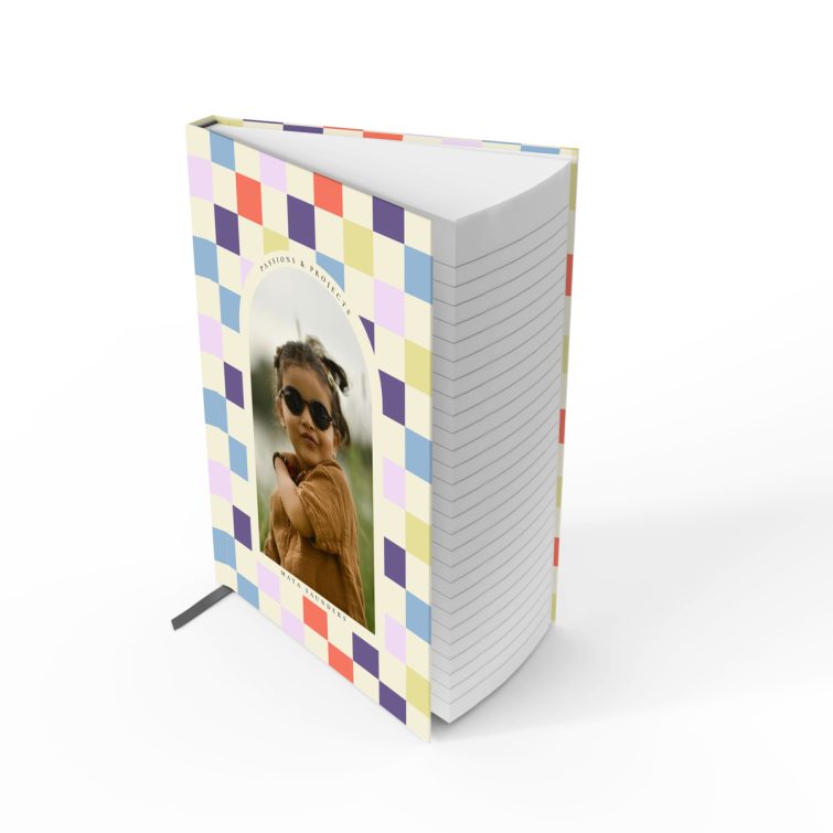 Colourful checkered design for personalised notebooks with one photo placeholder.