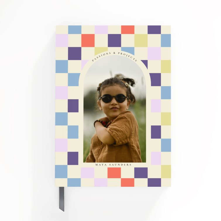 Colourful checkered design for personalised notebooks with one photo placeholder.