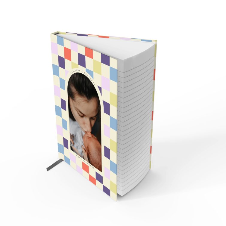 Colourful patterned notebook design with one photo on the cover, ideal for personalisation and printed by Utterly Printable.