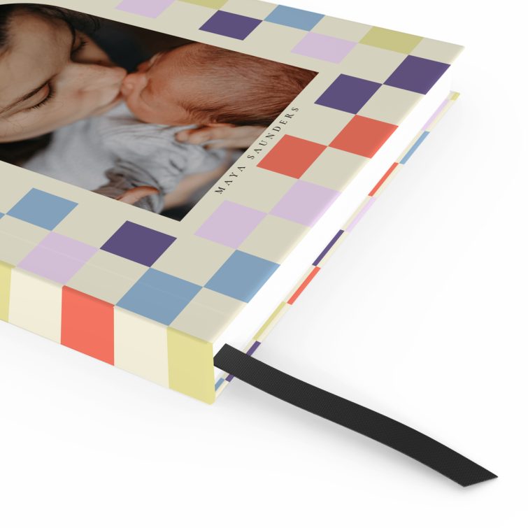 Colourful patterned notebook design with one photo on the cover, ideal for personalisation and printed by Utterly Printable.