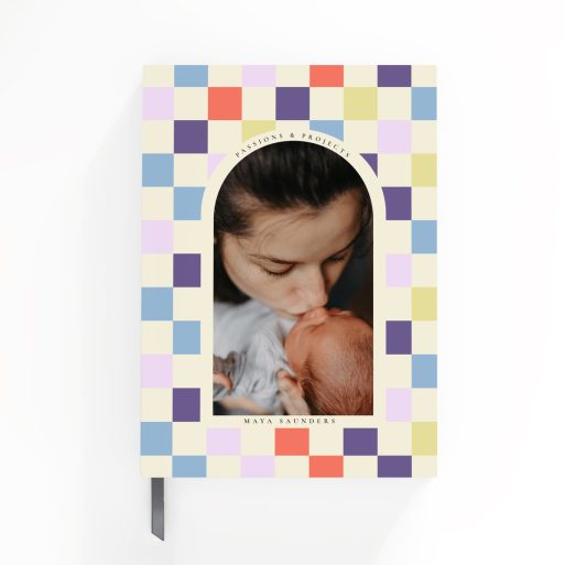 Colourful patterned notebook design with one photo on the cover, ideal for personalisation and printed by Utterly Printable.