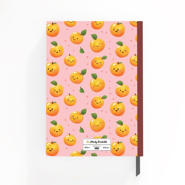 Cute fruit-themed portrait notebook cover design with smiling fruit illustrations, no photos present