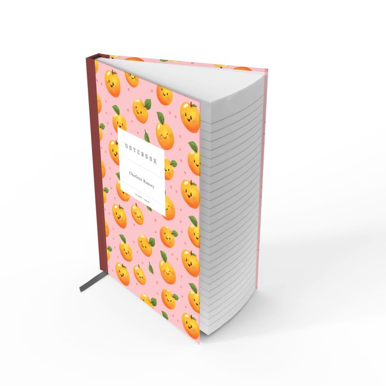 Cute fruit-themed portrait notebook cover design with smiling fruit illustrations, no photos present