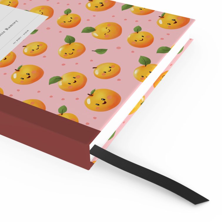 Cute fruit-themed portrait notebook cover design with smiling fruit illustrations, no photos present