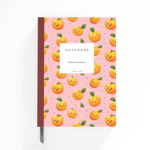 Cute fruit-themed portrait notebook cover design with smiling fruit illustrations, no photos present