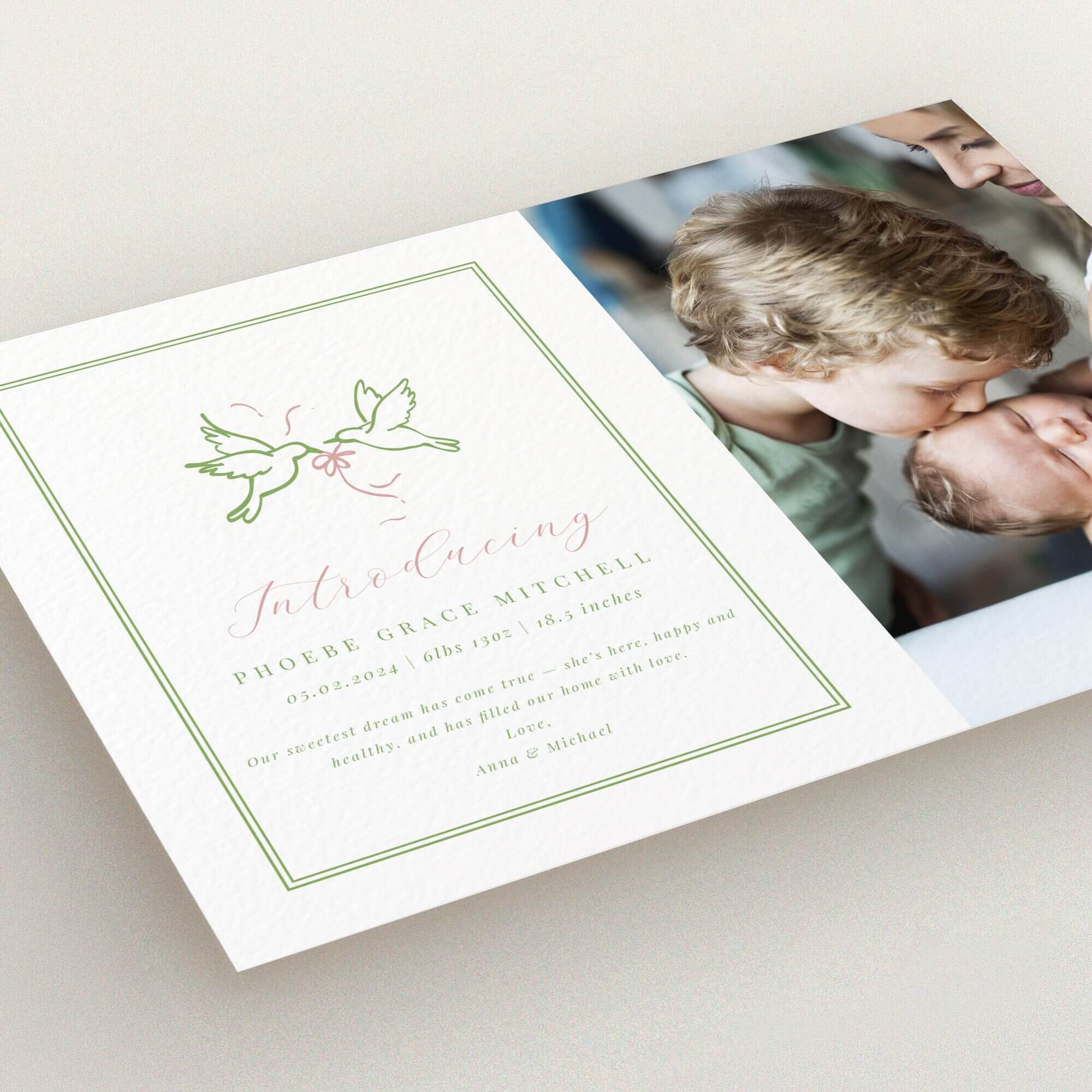 Personalised birth announcement card design with one family photo.