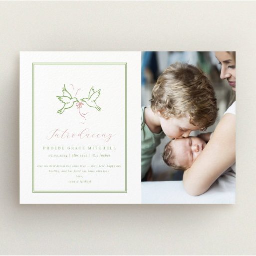 Personalised birth announcement card design with one family photo.