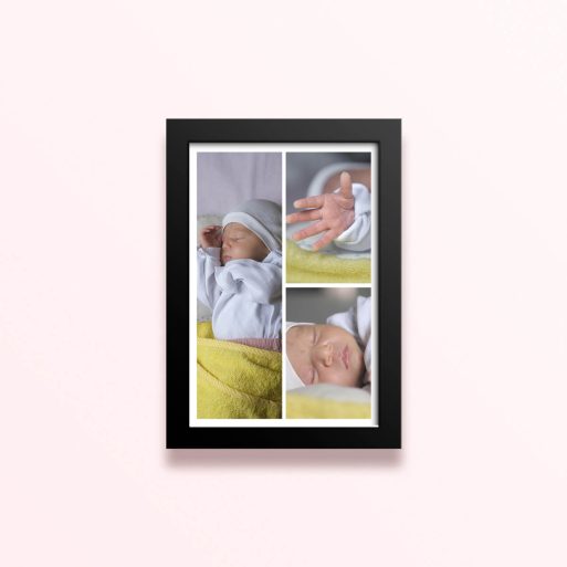 Simple framed prints designs with three photos of a baby displayed in a collage format.