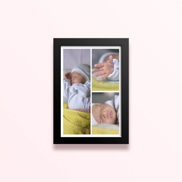 Simple framed prints designs with three photos of a baby displayed in a collage format.