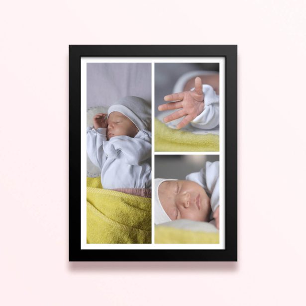 Simple framed prints designs with three photos of a baby displayed in a collage format.