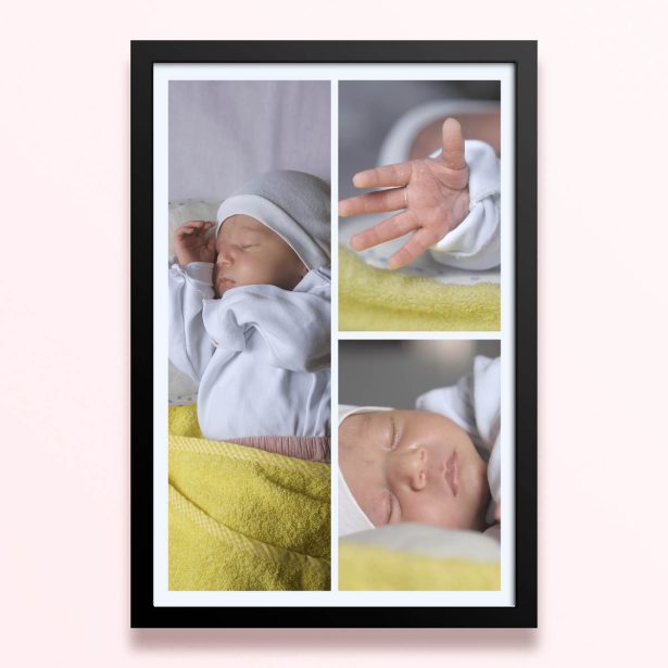 Simple framed prints designs with three photos of a baby displayed in a collage format.