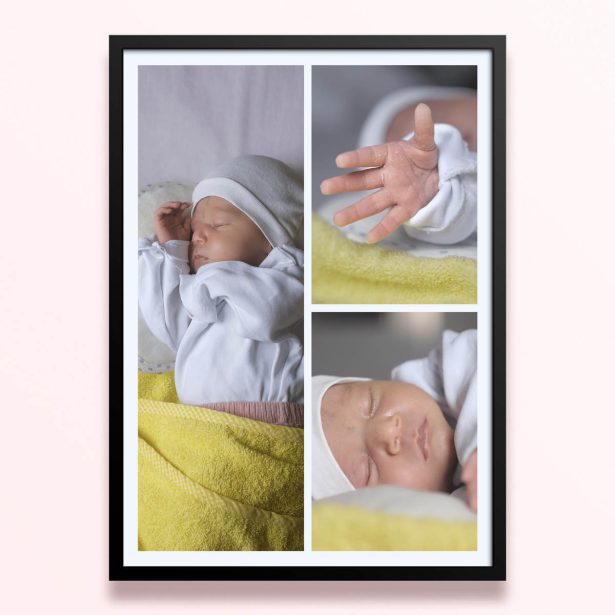 Simple framed prints designs with three photos of a baby displayed in a collage format.