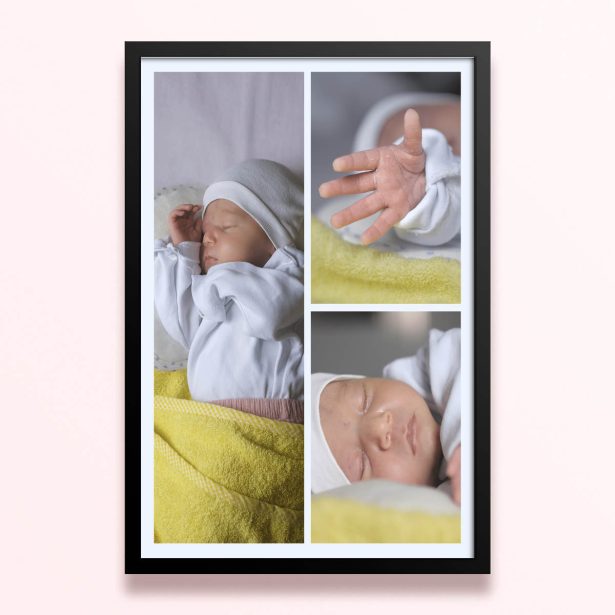 Simple framed prints designs with three photos of a baby displayed in a collage format.