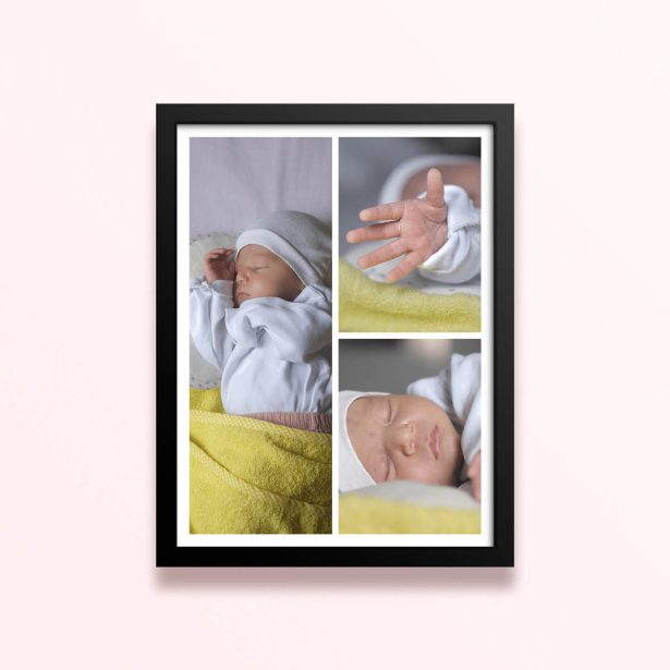 Simple framed prints designs with three photos of a baby displayed in a collage format.