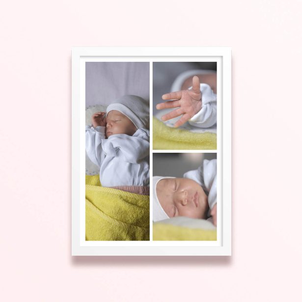 Simple framed prints designs with three photos of a baby displayed in a collage format.