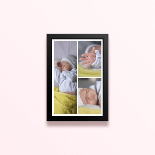 Simple framed prints designs with three photos of a baby displayed in a collage format.