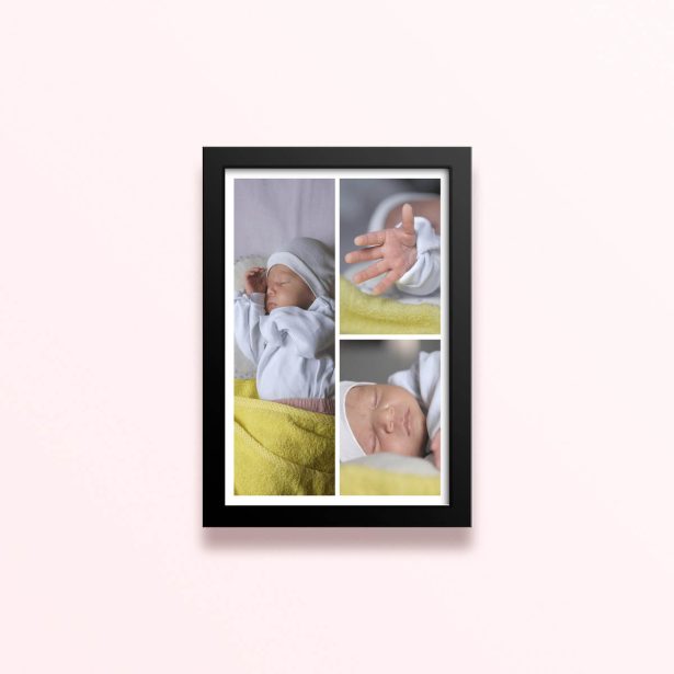 Simple framed prints designs with three photos of a baby displayed in a collage format.
