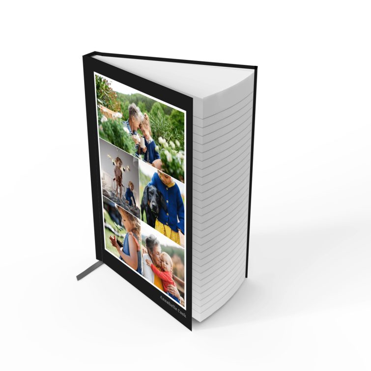 Customisable portrait notebook design with five photos on the front cover from Utterly Printable.