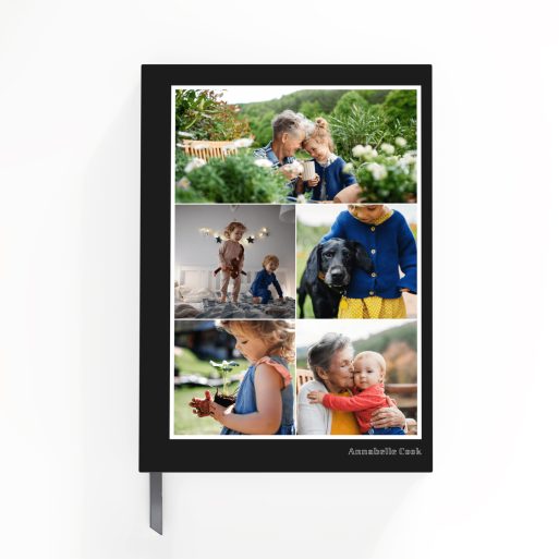 Customisable portrait notebook design with five photos on the front cover from Utterly Printable.