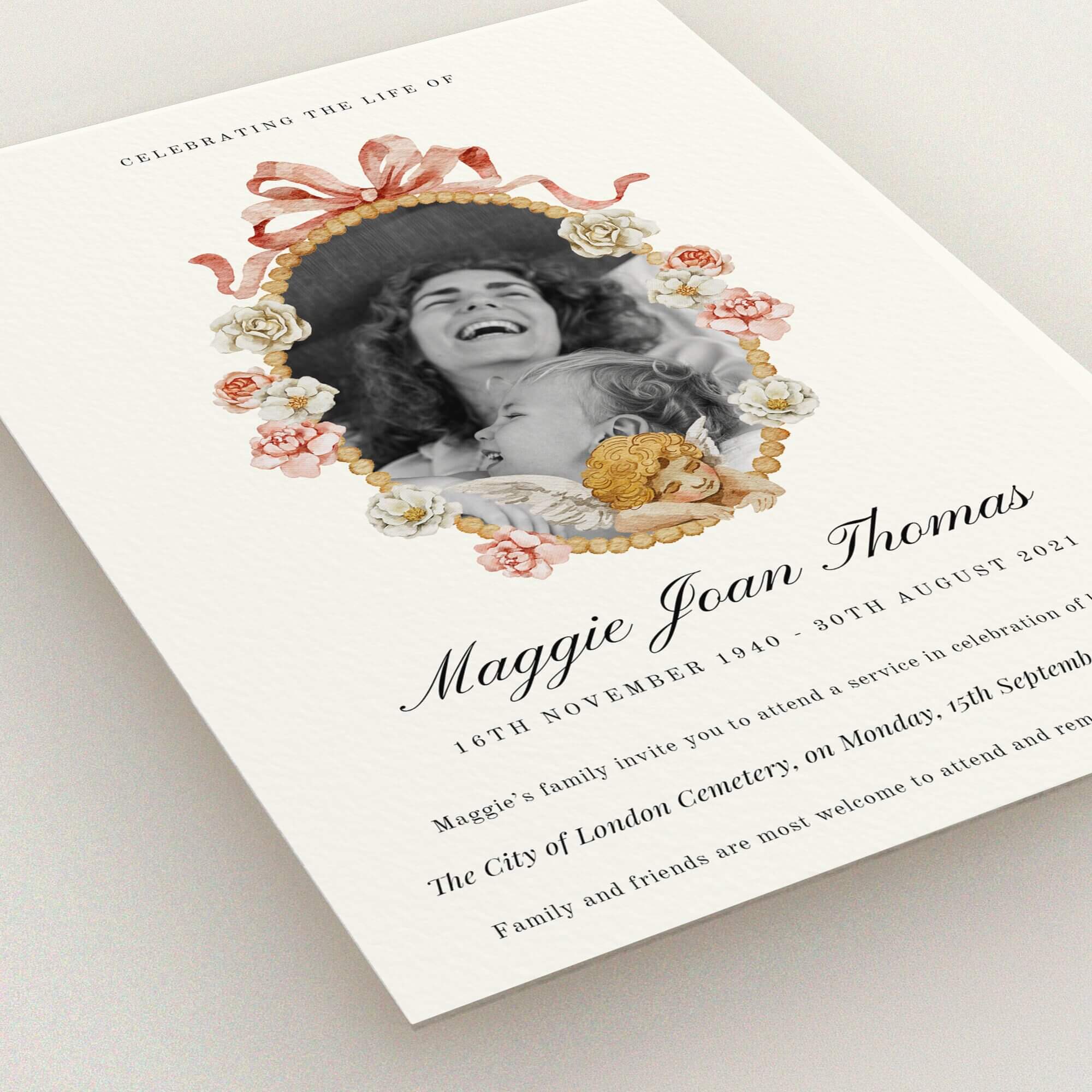 Floral funeral announcement design with one photo placeholder.