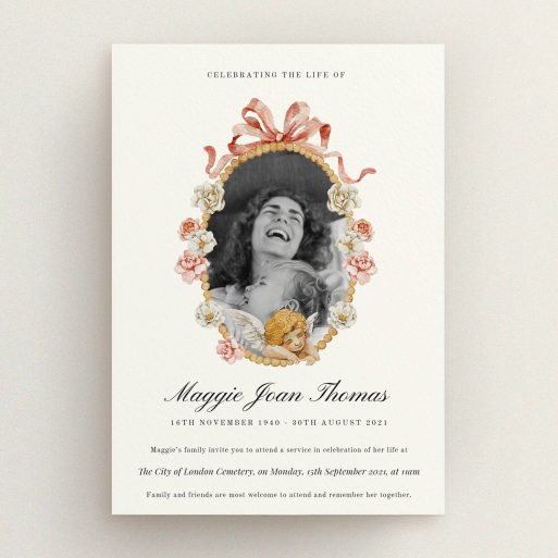 Floral funeral announcement design with one photo placeholder.