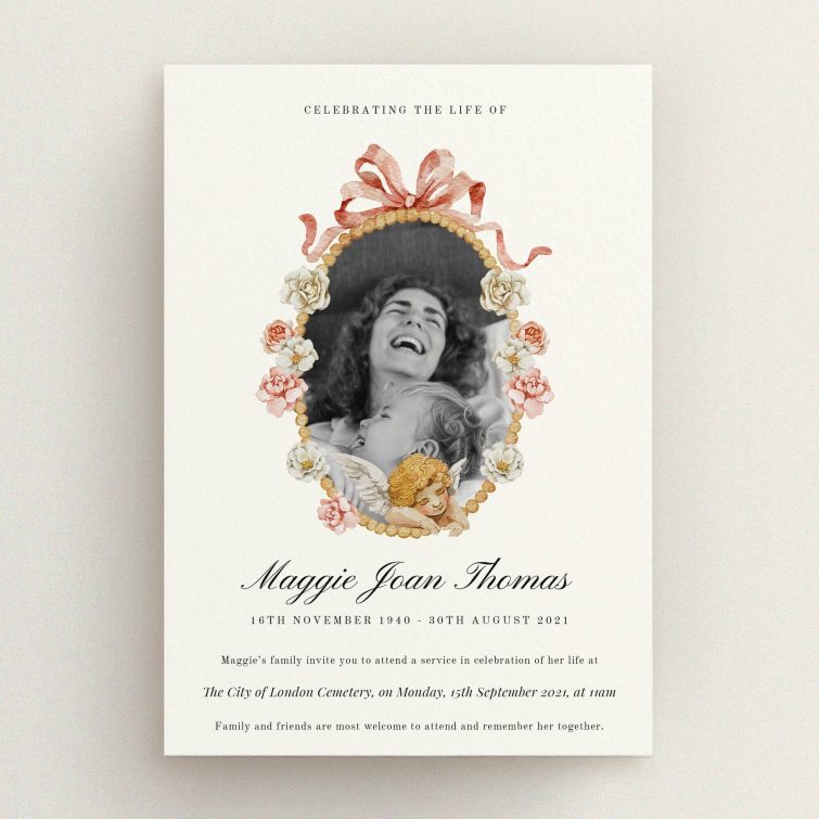 Floral funeral announcement design with one photo placeholder.