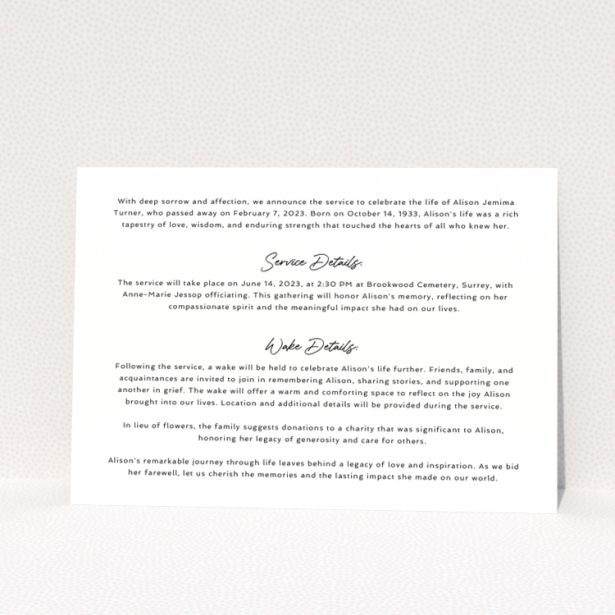 Funeral announcement with service and wake details on a white background - Landscape design