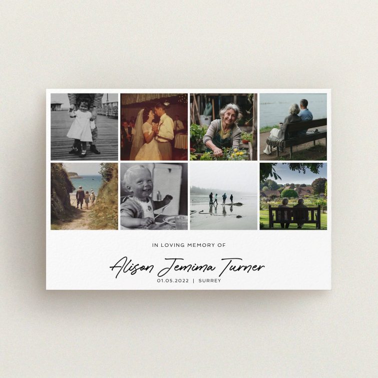 Funeral announcement design with eight photos