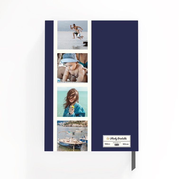 Personalised navy-blue portrait notebook design with six photos on the cover by Utterly Printable.