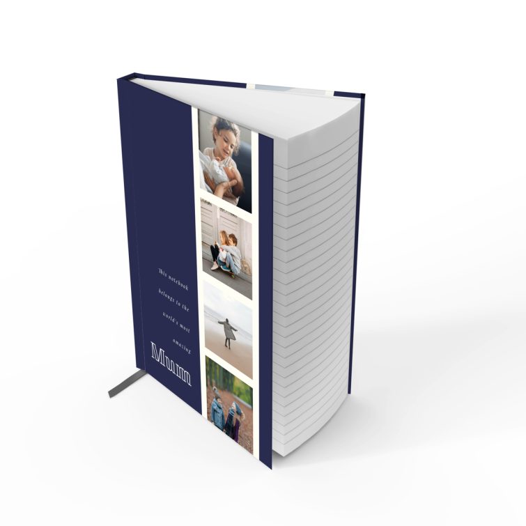 Personalised navy-blue portrait notebook design with six photos on the cover by Utterly Printable.