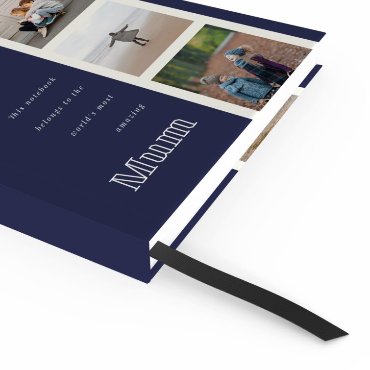 Personalised navy-blue portrait notebook design with six photos on the cover by Utterly Printable.