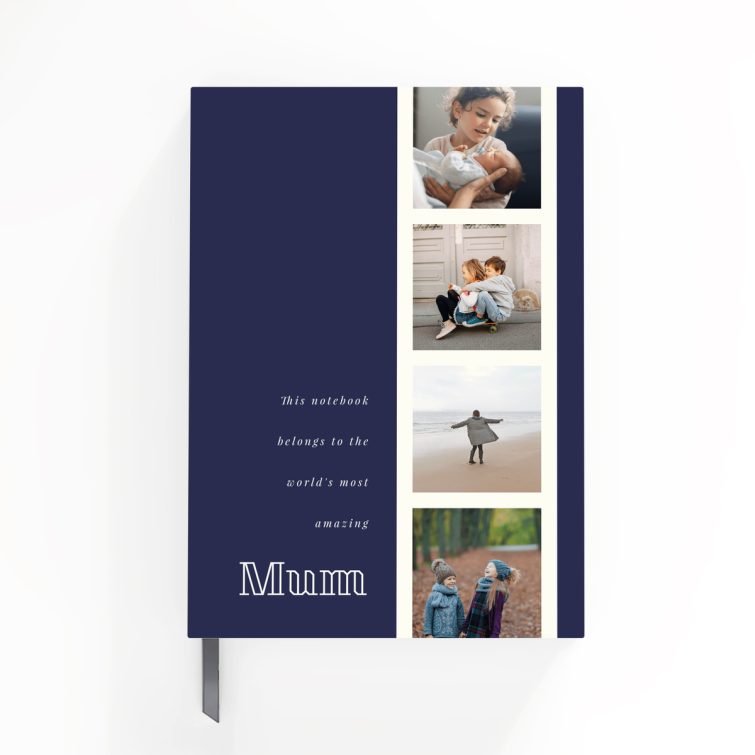 Personalised navy-blue portrait notebook design with six photos on the cover by Utterly Printable.