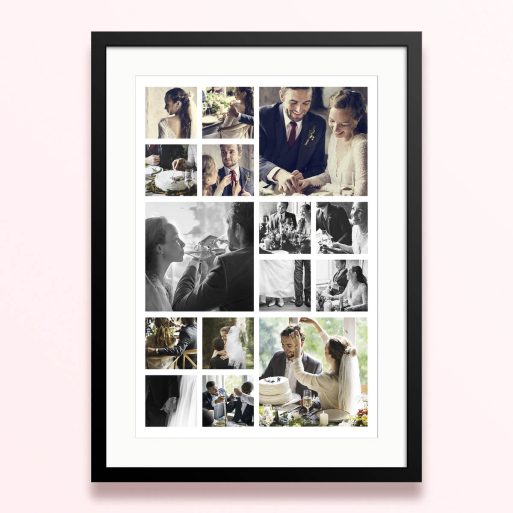Framed and mounted photo print with ten wedding photos arranged in a collage format.