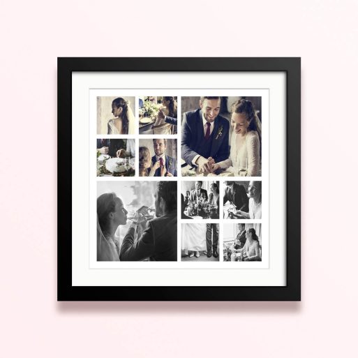 Framed and mounted photo print with ten wedding photos arranged in a collage format.