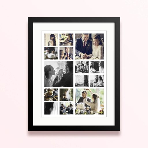 Framed and mounted photo print with ten wedding photos arranged in a collage format.