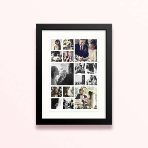 Framed and mounted photo print with ten wedding photos arranged in a collage format.