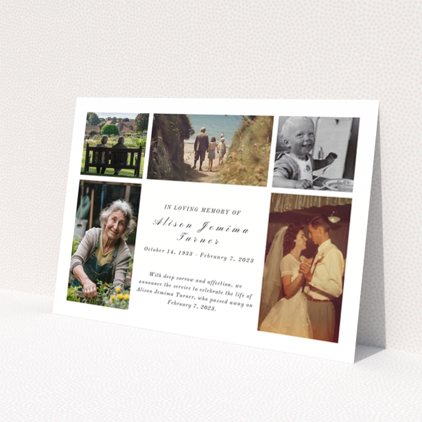 Funeral announcement card design with six photos and personalised text.