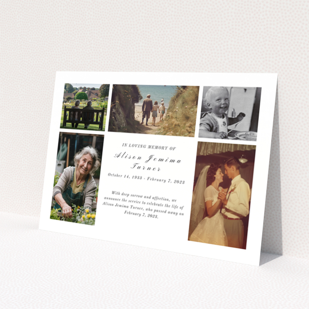 Funeral announcement card design with six photos and personalised text.