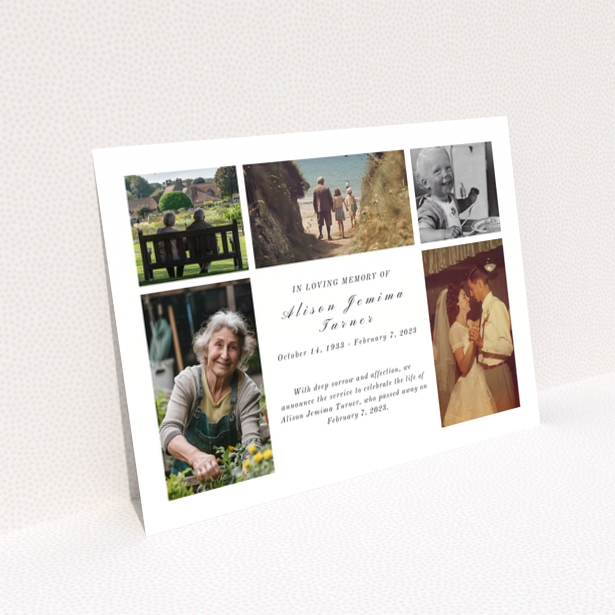 Funeral announcement card design with six photos and personalised text.