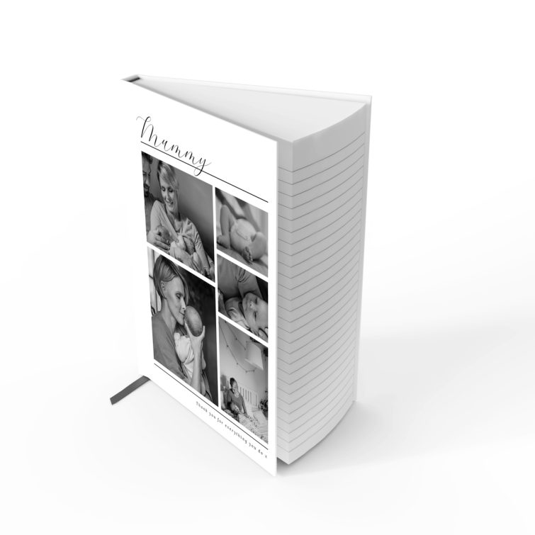 Portrait-oriented personalised notebooks design featuring five photos, ideal for gifts by Utterly Printable.