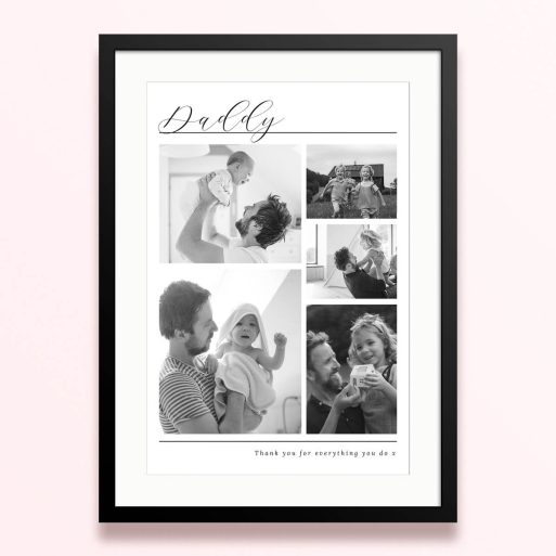 Framed and mounted photo print with 5 black and white family photos