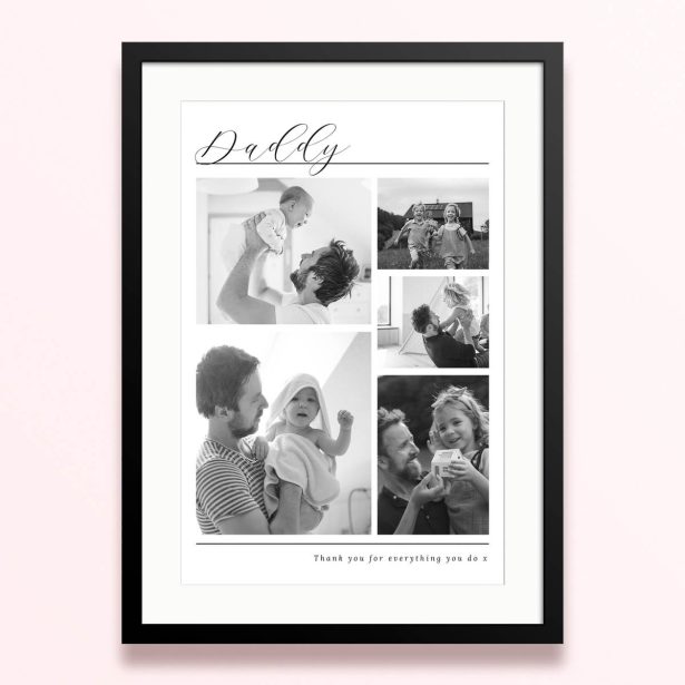 Framed and mounted photo print with 5 black and white family photos
